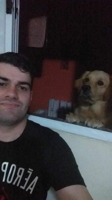 Selfie de Anderson em casa, com um golden retriever olhando pela janela atrás dele.